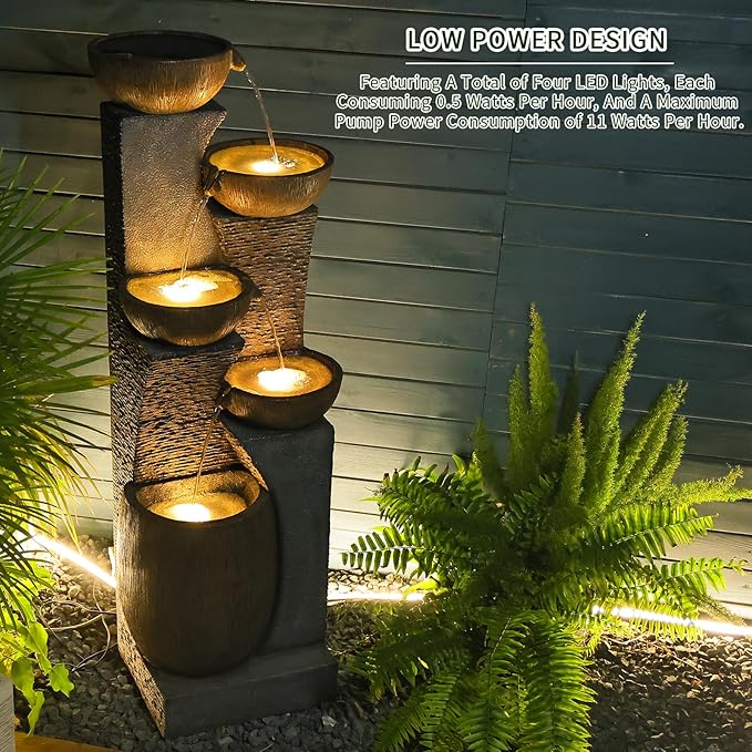 Bumilgar Outdoor Water Fountain - 51.4 Inches 5 Tired Modern Indoor Floor Standing Outdoors Fountains with Lights Pump for Garden Patio Backyard Porch Home Art Decor