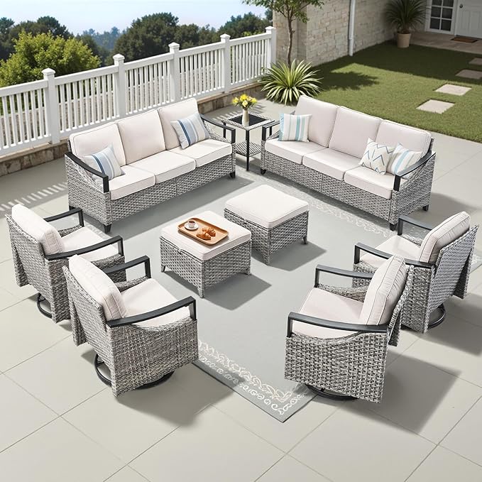 Wicker Outdoor Patio Furniture Set - 9 Pieces Patio Conversation Sets with Wicker Swivel Rocker Chairs, Deep Seat Sectional Sofa with Thick Cushions Ottomans for Porch Balcony Deck Gray/Beige