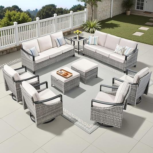 Wicker Outdoor Patio Furniture Set - 9 Pieces Patio Conversation Sets with Wicker Swivel Rocker Chairs, Deep Seat Sectional Sofa with Thick Cushions Ottomans for Porch Balcony Deck Gray/Beige