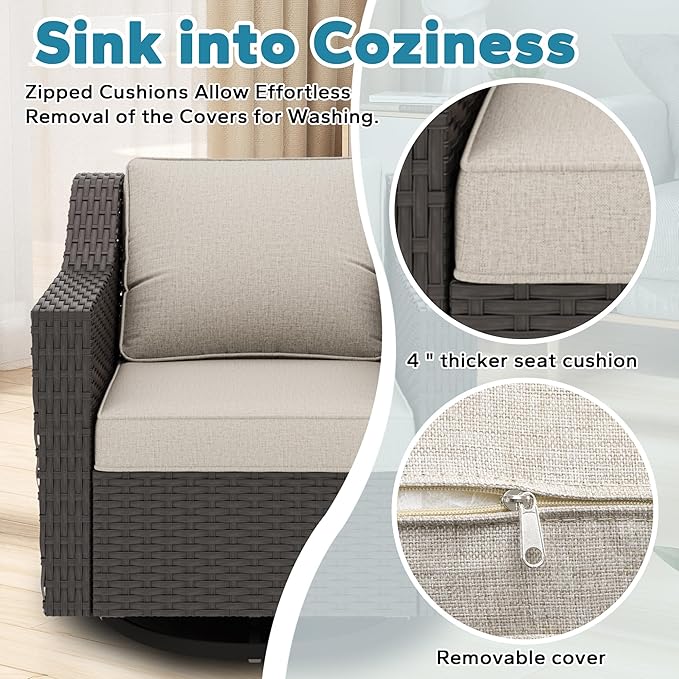 5 Pieces Patio Conversation Furniture Set - Swivel Chairs with Ottomans Set of 2, 1 Side Table, Outdoor Wicker Furniture Set with Washable Cushions for Porch, Balcony, Sunroom (Beige)