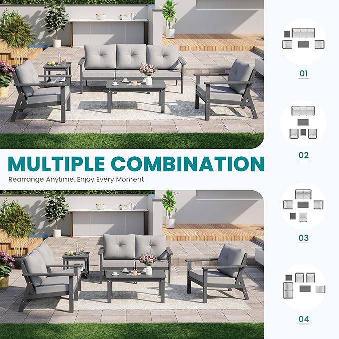 7-Piece HDPE Patio Furniture Set, All Weather Outdoor Couch with Thick Cushions, Wood Grain Outdoor Sectional with 2 Elegant Coffee Table, Durable Patio Conversation Sets for Balcony, Porch, Gray