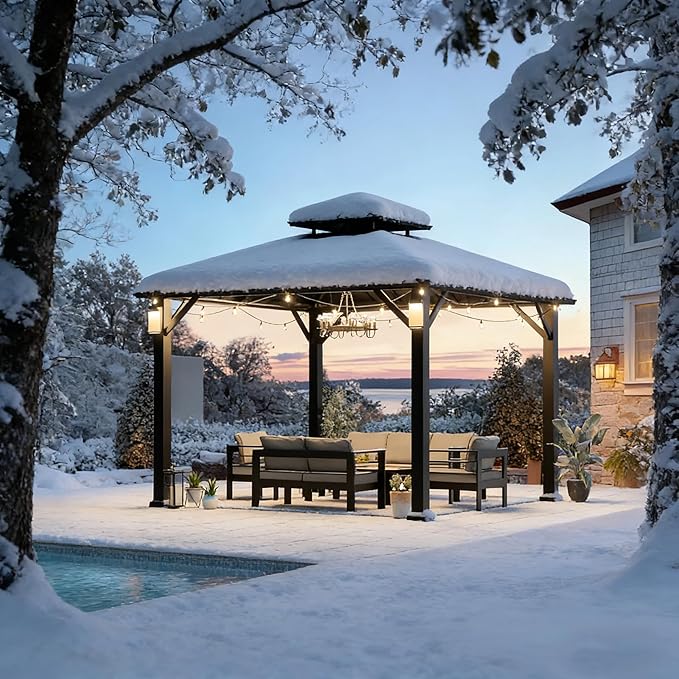 Modern Shade Hardtop Gazebo 10' x 10', Permanent Metal Gazebo with 4 LED Lights, Outdoor Pavilion with Galvanized Steel Roof & Frame Patio Pavilion for Backyard, Deck, Garden, Lawn