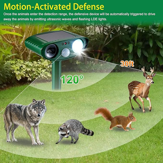 4 Pack Solar Animal Repeller for Raccoons, Deer & Squirrels - Ultrasonic & Strobe Light, Outdoor Deterrent for Cats, Dogs, Raccoons, Rabbits, Skunks, Foxes & More