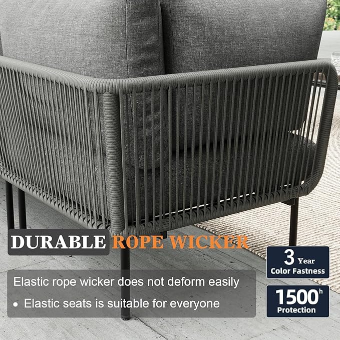 11 Piece Modern Outdoor Rope Wicker Sectional Patio L-Shaped Conversation Sofa Set Deep Seating with Fire Pit Table