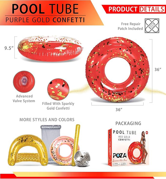 POZA Inflatable Pool Float Tube – Sparkly Confetti Swim Ring, Heavy Duty UV Resistant Inflatable Tube Pool Float for Kids & Adults – Multiple Colors & Sizes – Beach, Lake & Pool Party Float
