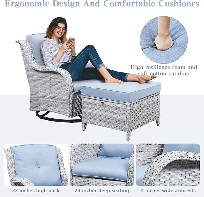 Belord Wicker Outdoor Furniture Patio Furniture Set - 6 Piece Patio Conversation Set with Swivel Rocker Chairs, Loveseat Sofa, Ottomans and Coffee Table, Baby Blue Cushion