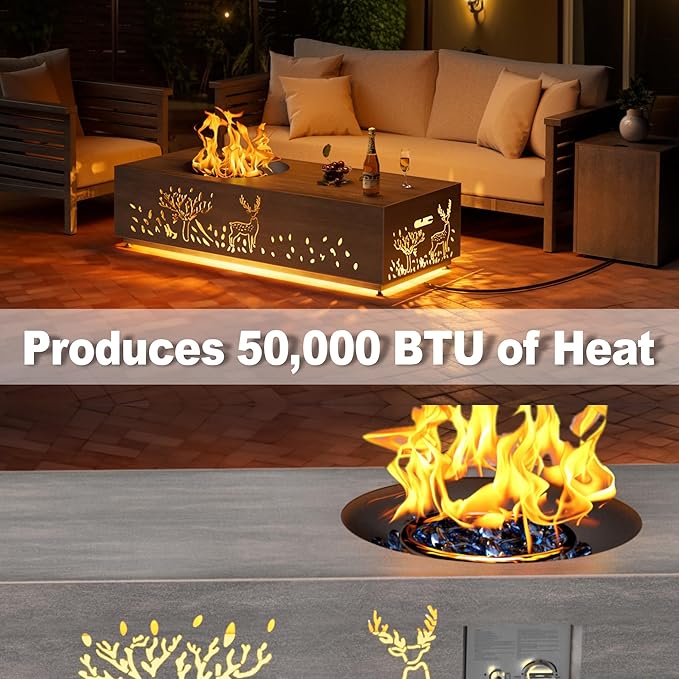 48" Round Burner Propane Fire Pit Table with LED Light – 50,000 BTU Fire Pit Table with Lid, Rocks, Cover and Tank Storage - Modern Outdoor Large Fire Table (Grey/Deer Cutout, 48" LED)