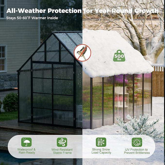 12x10x10 FT Outdoor Greenhouse, Easy Assembly Large Aluminum Polycarbonate Kit, 2 Vent Windows, Swing Door, Walk-in, for Outside, Sunroom, Backyard, Garden