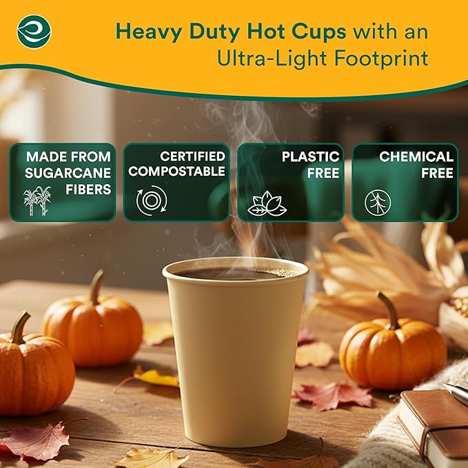 ECO SOUL 100% Compostable Plant-Based Hot Cups | 8oz | Disposable Bagasse Paper Cups | Eco-friendly Cups | Sturdy, Microwave & Oven Safe (200, 8oz)