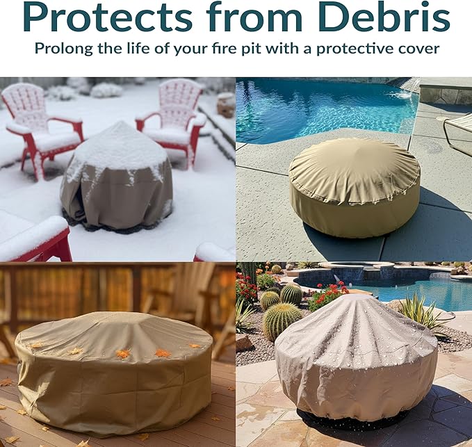Sunnydaze Round Outdoor Fire Pit Cover - Heavy-Duty 300D Polyester and PVC with Drawstring Closure - Khaki - 40-Inch