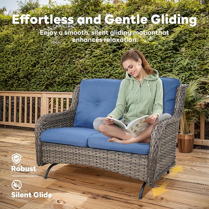 Belord 8 Piece Outdoor Patio Furniture Set - 41" CSA Propane Fire Pit Table Patio Conversation Set with Swivel Rocker Outdoor Chairs, Wicker loveseat and Ottoman for Outside Casual Gathering