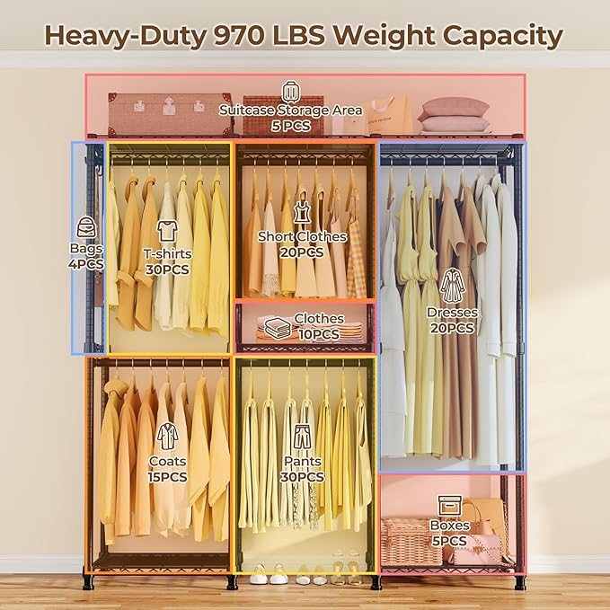 Portable Closet Heavy Duty Clothes Rack, Freestanding Clothing Racks for Hanging Clothes, Adjustable Garment Wardrobe Rack with 4 Hang Rods & Shelves ,73.6" L x 17.3" W x 76.4" H, Black
