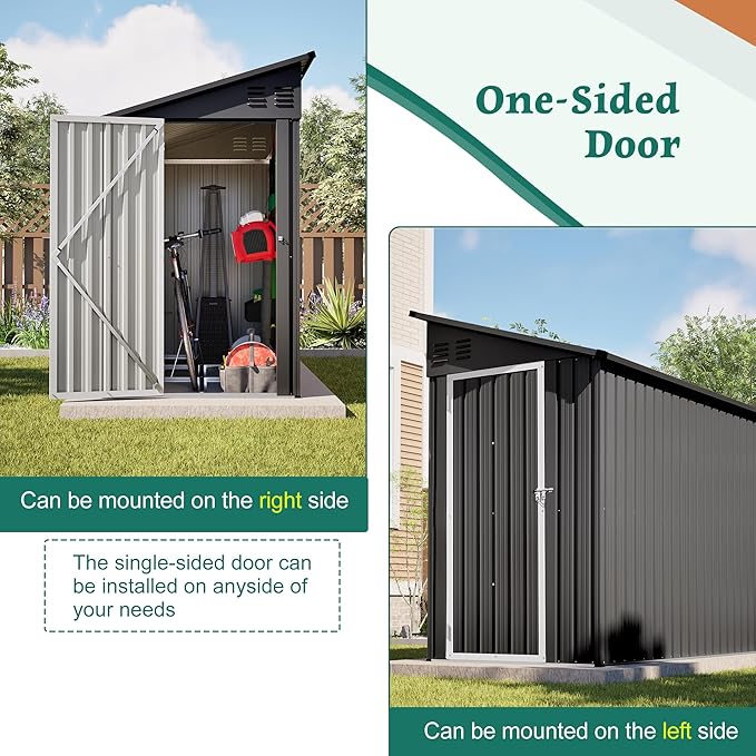 4×8 FT Lean to Metal Shed,Outdoor Heavy-Duty Storage Shed with Floor Base,All Weather Waterproof Garden Tool House W/Lockable Door&2 Air Vent,Reversible Door Design,for Backyard,Patio,Lawn,Black