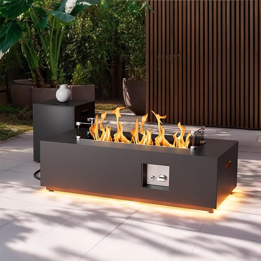 42 inch Propane Fire Pit Table, 2 in 1 Outdoor Fire Pit with 20lb Tank Cover, Outside Patio Deck and Garden, LED Gas Fireplace Table with Lid and Stone, 50,000 BTU Adjustable Flame, Black