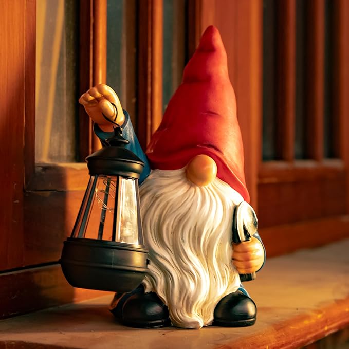 WONDHOME Garden Gnomes Statues Outdoor Decor with Shovel Solar Gnome with Lantern LED Lights,Terrace Xmas Courtyard Lawn Patio Porch Decoration Birthday Christmas Housewarming Gift for Mom Women