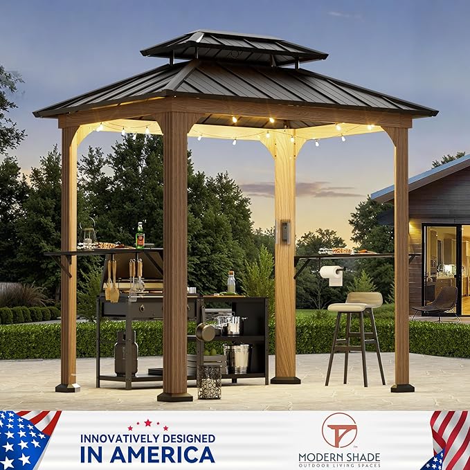 Modern Shade Grill Gazebo 6' X 8', Aluminum BBQ Gazebos with Shelves and Ceiling Hook, Grill Canopy Hardtop with Galvanized Steel Roof, Outdoor Grill Gazebo with Extra-Wide Column Design, Wood Grain