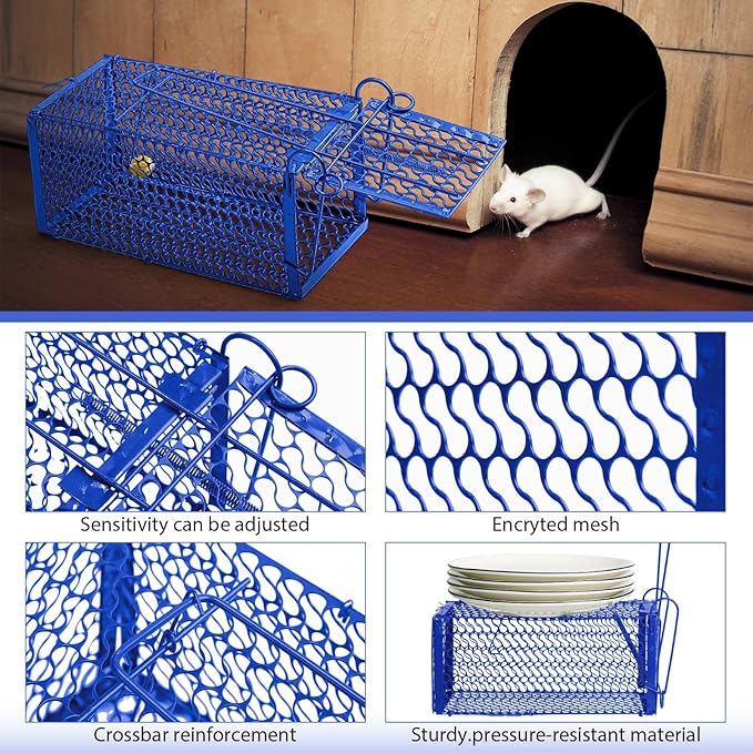 Qualirey 4 Pcs Humane Rat Trap Chipmunk Squirrel Cage Trap Foldable Rodent for Small Live Animal Voles Hamsters Catch and Release for Kitchen Yard Garage Indoors Outdoors (Blue)
