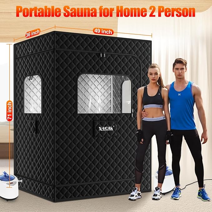 Upgraded 2 Person Sauna Box, Extra Large Sauna Box, Portable Sauna Tent with 2 Steamers, 2 Folding Chair, 71”x 49”x 36”, Black