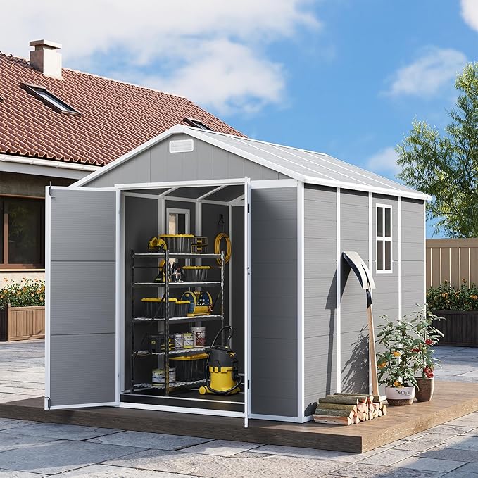 UDPATIO Storage Shed 8 x 8 FT, Resin Outdoor Outside Shed Clearance Sheds with Floor Included Plastic Solitude Cottage Shed She Sheds Buildings Garden Tool Shed with Lockable Door Garbage Gray White