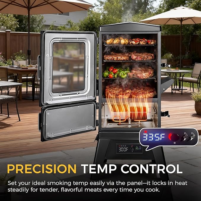 Electric Smoker with Cover, LED Display Build in Meat Probe Large Capacity BBQ Smokers, 4 Racks Smoke More with 633 sq in Cooking Area