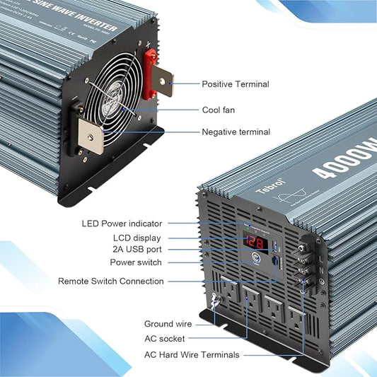 4000W Pure Sine Wave Inverter 12V DC to 110V AC Converter for Home, RV, Truck, Off-Grid Solar Power Inverter with Built-in 5V/2.1A USB, AC Hardwire Port, Remote Controller