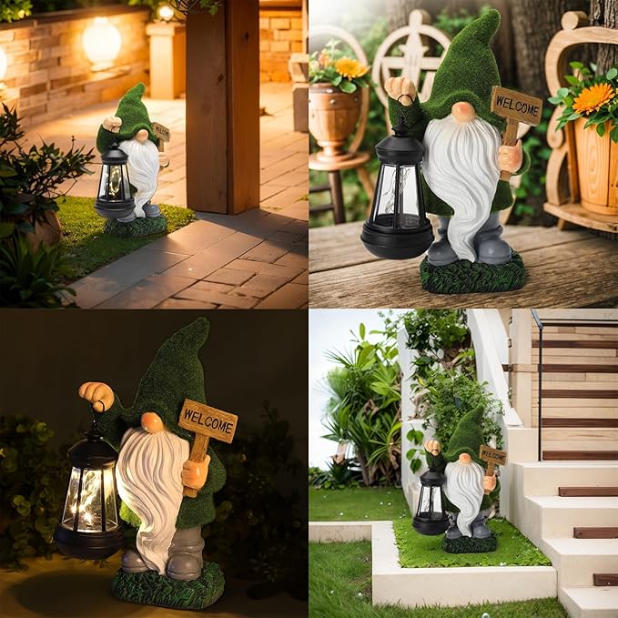halp·ssfm Garden Gnome Statue Solar Light Outdoor Decorations Figurine Welcome Sign with Lantern Sculpture Garden Decor Lawn Patio Yard Porch Outside Housewarming Gifts for Women Mother's Day Grandma