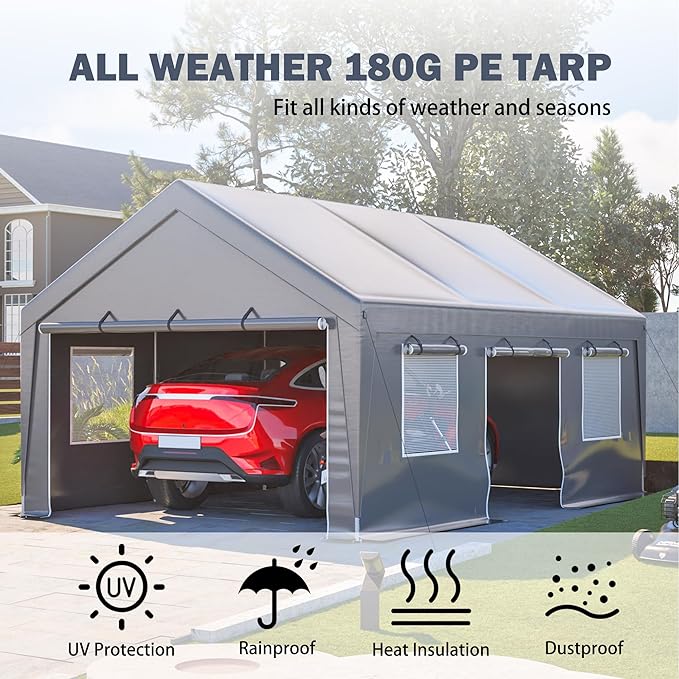 13x20 FT Canopy with 2 Roll-Up Doors,Waterproof Party Tent w/Steel Frame & Ventilation Windows,Carport & Storage Shelter for Vehicle,Car,Grey