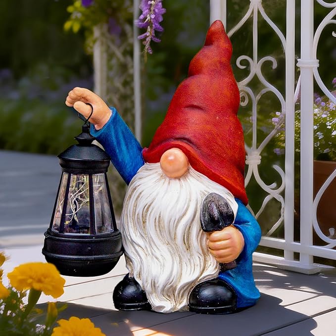 WONDHOME Garden Gnomes Statues Outdoor Decor with Shovel Solar Gnome with Lantern LED Lights,Terrace Xmas Courtyard Lawn Patio Porch Decoration Birthday Christmas Housewarming Gift for Mom Women
