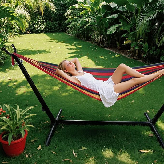 Sweetcrispy Double Hammock with Space Saving Steel Stand Heavy Duty 2 Person Standing Hammocks 450lb Capacity for Outside Garden Yard with Portable Carrying Bag, Red