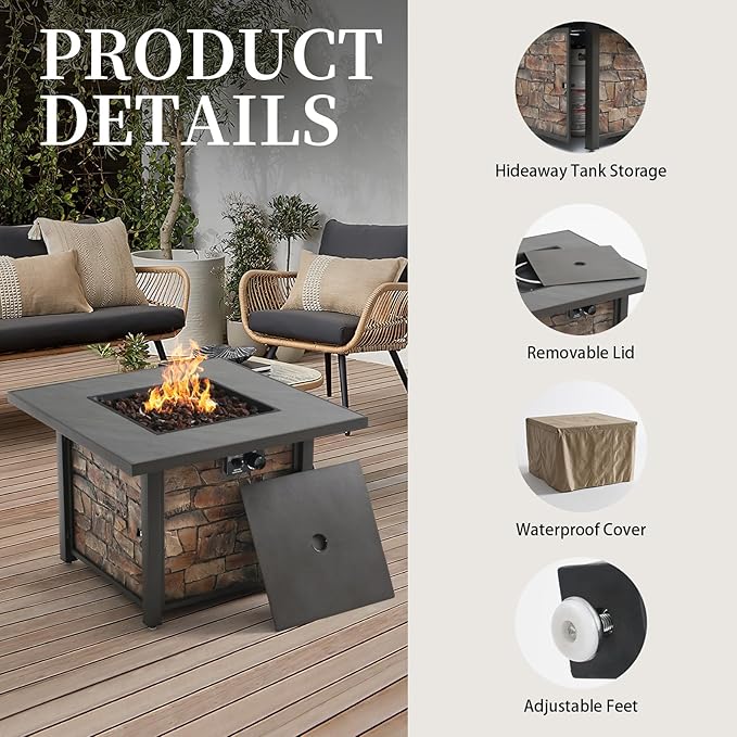 36'' Propane Gas Fire Pit Table, Sintered Stone Tabletop & Polyresin Stone Look Panel, 50000 BTU Gas Fire Pit for Outside Patio and Garden, with Metal Lid & Lava Rocks