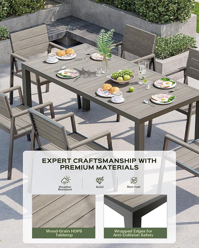 Outdoor Dining Set for 6, Patio Table and Chairs Set, Aluminum Patio Furniture Set with Umbrella Hole, HDPS Patio Dining Table Set for 6 (Gray)