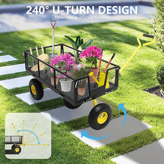 Steel Garden Cart, 2-in-1 Heavy Duty Utility Wagon 900 LBS Capacity Carts with Removable Mesh Sides to Convert into Flatbed, 240° U-Turn 10" Pneumatic Tires Garden Wagon for Lawn Camping Farm Yard