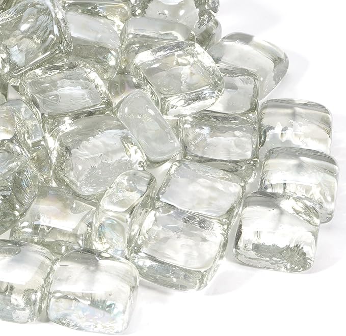 Clear Fire Pit Glass Cube, Tempered Glass Bead for Fireplace, Firepit Table Indoor or Outdoor, Propane and Natural Gas, 10 Pounds Fire Rocks, Heat Resistant, No Poping, Crystal Reflective