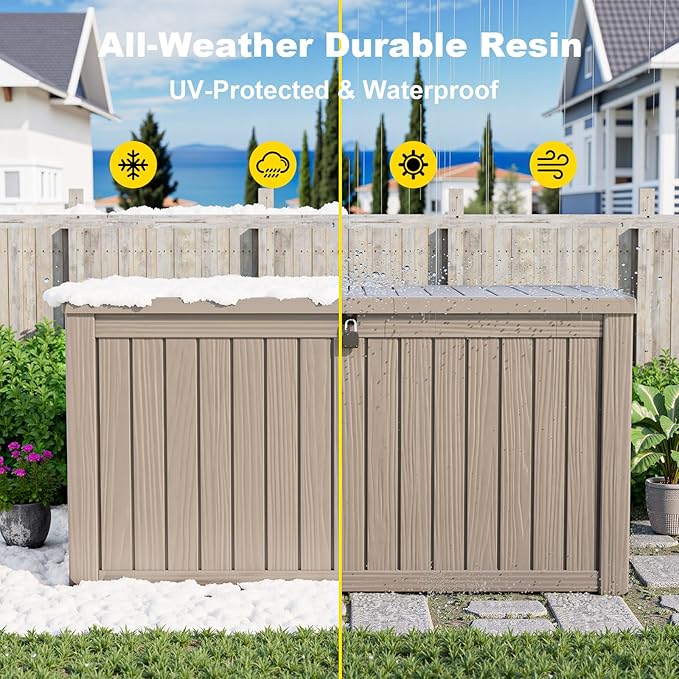 Vixzen 180 Gallon Resin Deck Box, Lockable Outdoor Storage Box for Patio Cushions Storage Furniture,Garden Tools, Pool Supplies, Weatherproof and UV Resistant- Light Brown