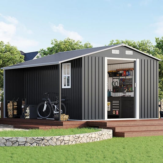 Jocisland Outdoor Storage Shed 10.6x10.3x6.3 FT, Rolling Door Shed with Dual 4-Pane Windows for Wood Storage, Dark Grey/White
