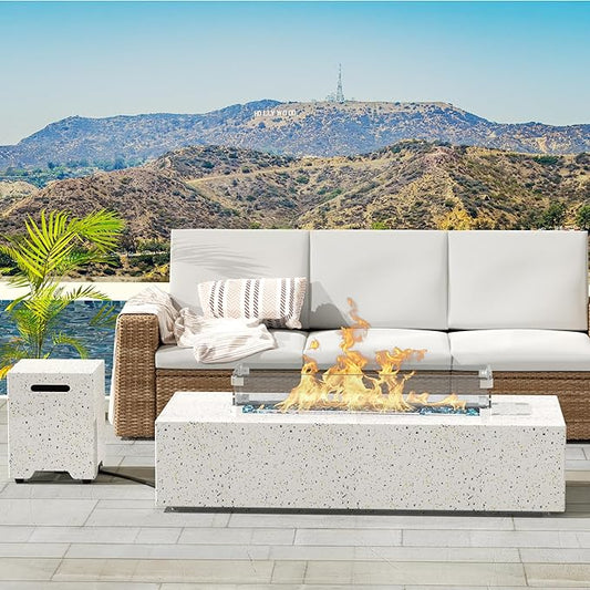 NAGA HABNA 56 Inch Propane Fire Pit Table, Rectangle Outdoor Fire Table w Tank Table (50,000 BTU), 3 Piece Gas Fire Pit w Glass Wind Guard and Blue Fire Glass for Garden, Pool, Backyard