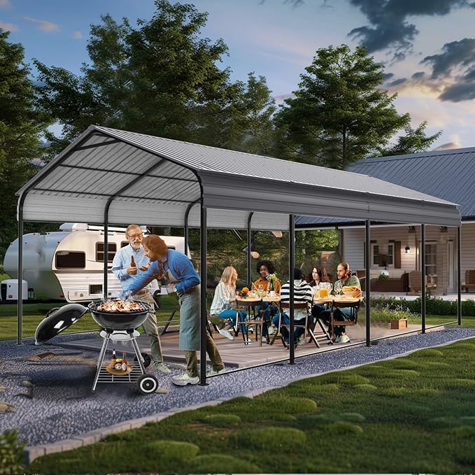 Ball & Cast 12x20 FT Carport with Galvanized Steel Roof, Heavy Duty Metal Carport Canopy, Metal Carport Garage Outdoor Storage Shed for Car, Boats and Truck, Gray