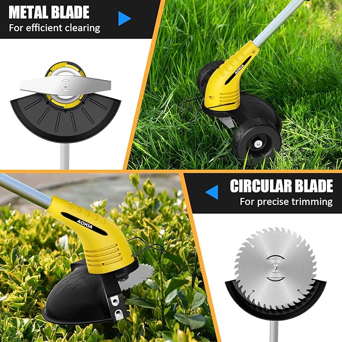 Electric Weed Wacker Cordless： String Trimmer with Roller 2Types Blades - 2.0Ah 12V Battery Powered Lightweight Grass Cutter/Mower for Yard and Garden, Yellow