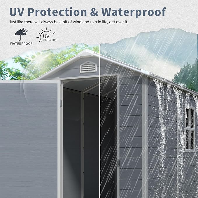 Resin Storage Shed 4x6 ft Outdoor Storage Shed with Floor and Window, Lockable Door Plastic Tool Sheds with Vents, Waterproof Sheds for Garden, Patio, Backyard, Yard, Lawn, Grey