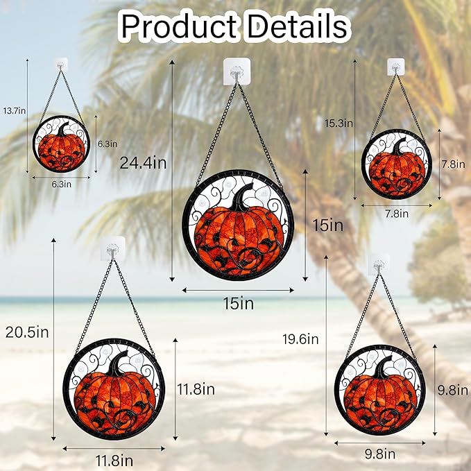 CRISGIF Stained Glass Window Hanging - Halloween Red White Scary Pumpkin Suncatcher for Doors Garden Home Spooky Rattan Sun Catchers Gothic Decor Horror Gifts for Women Men Friend Boy Girl 15 in
