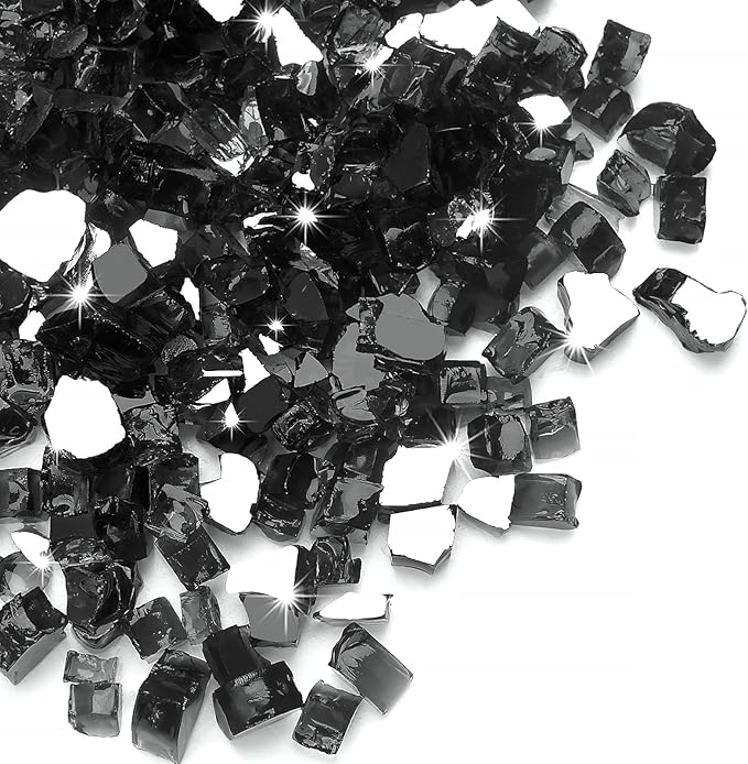20 lbs Black Fire Glass for Propane Fire Pit, 1/2 Inch Fire Pit Glass Rocks for Gas Fireplace, Reflective Glass Rocks for Fire Pit Table