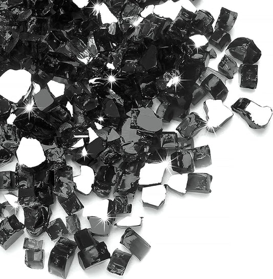 35 lbs Black Fire Glass for Propane Fire Pit, 1/2 Inch Fire Pit Glass Rocks for Gas Fireplace, Reflective Glass Rocks for Fire Pit Table