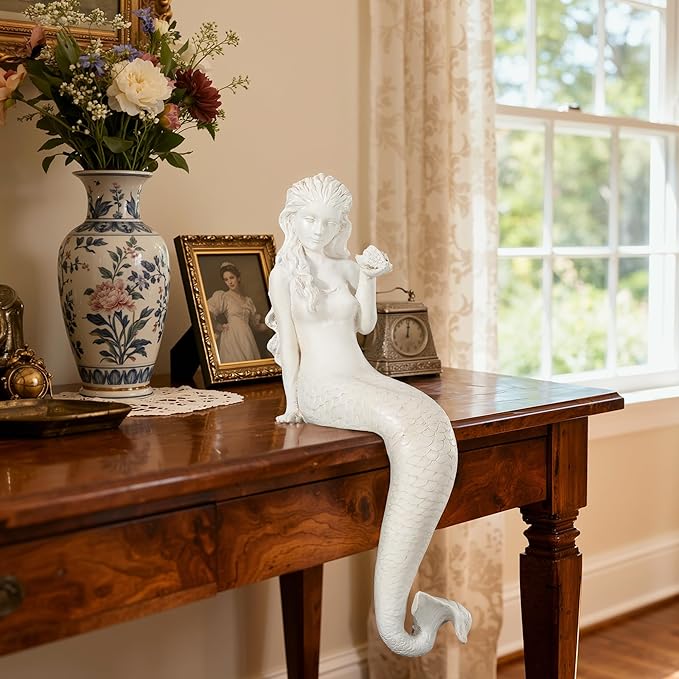 Ultym Mermaid Statue Outdoor, Large 25.6 Inch Garden Sculpture Figurines for Lawn and Patio Decor, Durable MGO Stone Yard Art with Weatherproof Finish for Indoor Decor Christmas Gift Antique White