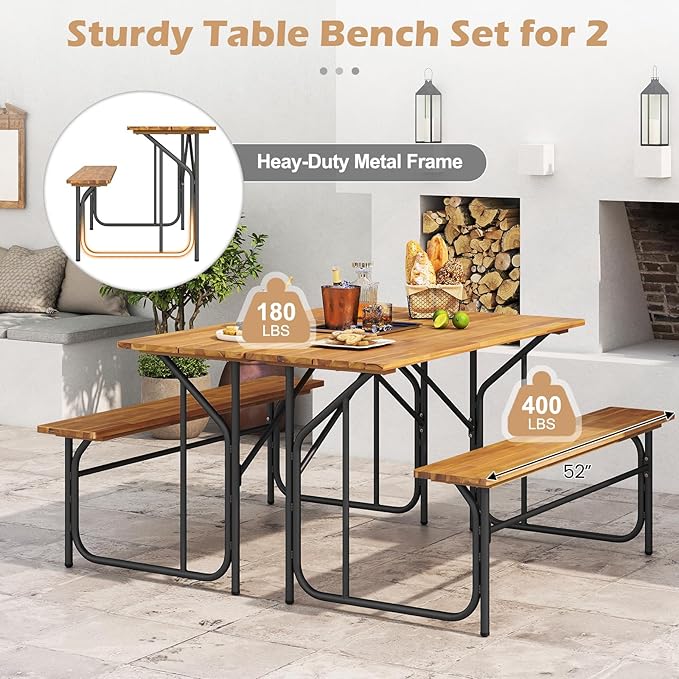 Tangkula Patio Dining Bench Set, Heavy-Duty Outdoor Acacia Wood Dining Furniture with Metal Legs for Balcony, Backyard, Poolside, Garden (1,52” x 32” x 29.5”)