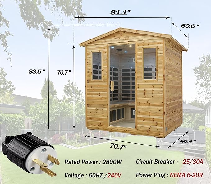 LTCCDSS 5-Person Low EMF Outdoor Far Infrared Sauna - Vast Interior- Hemlock Wood Sauna for Home - Bluetooth Speakers, Reading Lamps, Chromotherapy Lights, (Bundled Steam Sauna) 81.1 * 60.6 * 83.5 in