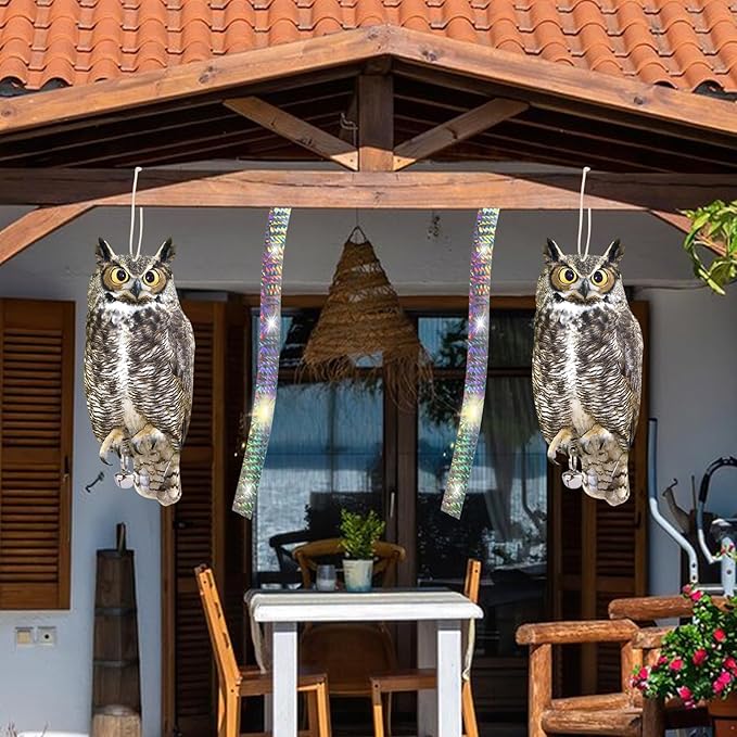 2PCS Reflective Hanging Hawk Fake Owl Decoration, Realistic Hanging Owl for Garden Patio Windows