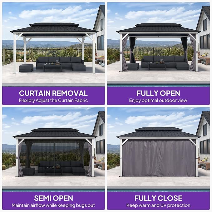 PURPLE LEAF 8' X 14' Hardtop Gazebo Metal Double Roof White Aluminum Frame Outdoor Heavy Duty Gazebo with Curtain and Netting for Patio Garden and Backyard, Grey
