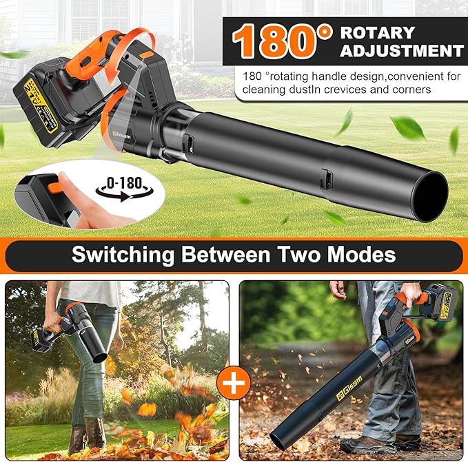 Electric Leaf Blower Cordless -850CFM, 250+MPH, 3000W Brushless Leaf Blower with 2×6.0Ah Batteries, 180° Rotatable 2-in-1 Handheld Blower, 3-Speed for Lawn Care/Yard/Car/Patio