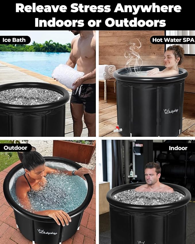 Ice Bath Tub for Athletes & Adults - 115 Gallons Ice Tubs, Cold Plunge Tub with Cover, Ice Plunge Tub for Recovery & Cold Water Therapy, Inflatable Ice Bath Barrel for Indoor Outdoor- Black