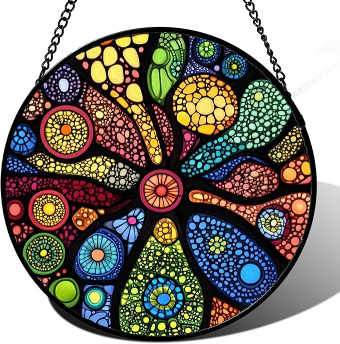 QZQCBLC Stained Glass Window Hanging Colorful Abstract Plants 9.8" - Retro Boho Suncatcher Door Garden Sun Catcher Home Decor Birthday Christmas for Mom Men Woman Nana